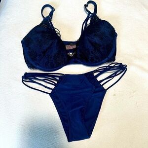 Victorias Secret Navy Black Lace bra + panty set
